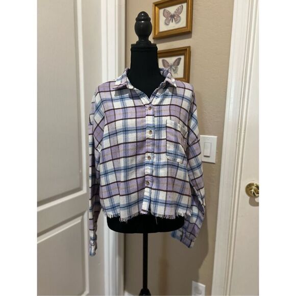 Soft purple and white Just Polly flannel shirt with frayed hem - Picture 1 of 5